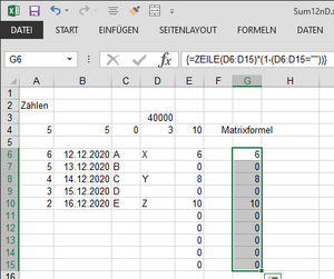 Zeilennummern nichtleerer Zellen in Excel